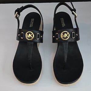 Michael Kors Black T-Strap Sandals with Gold Accents
